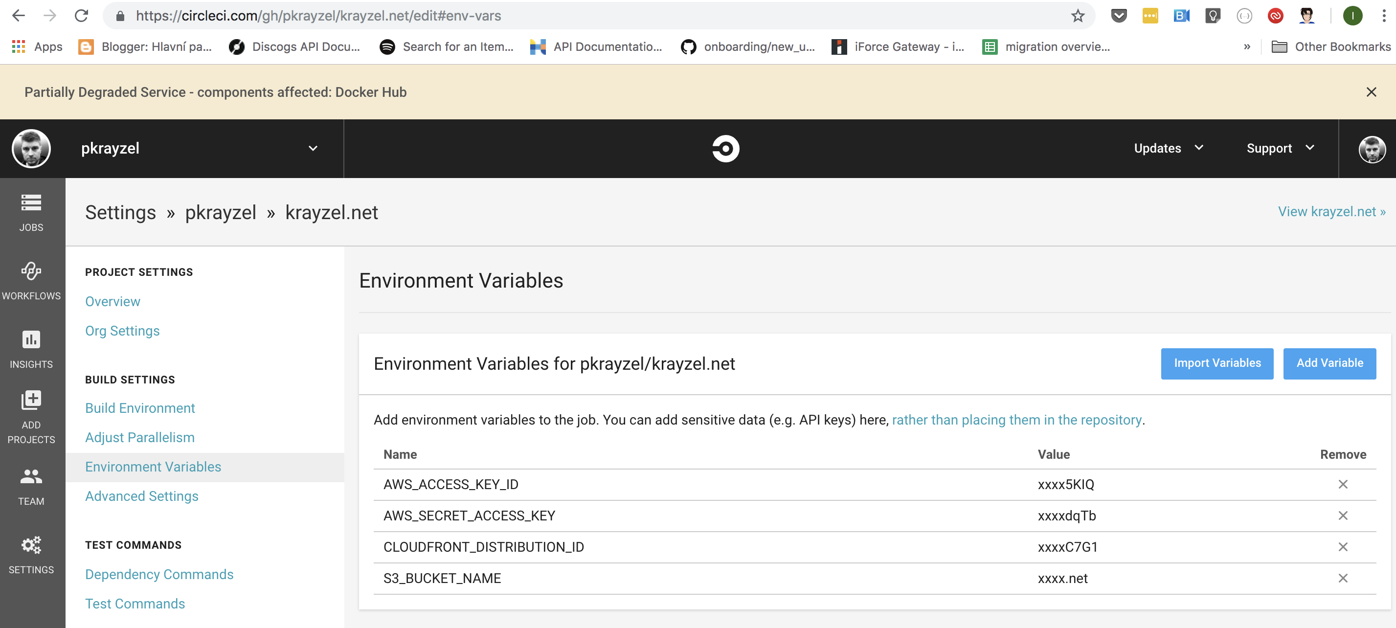 circleci project environment variables